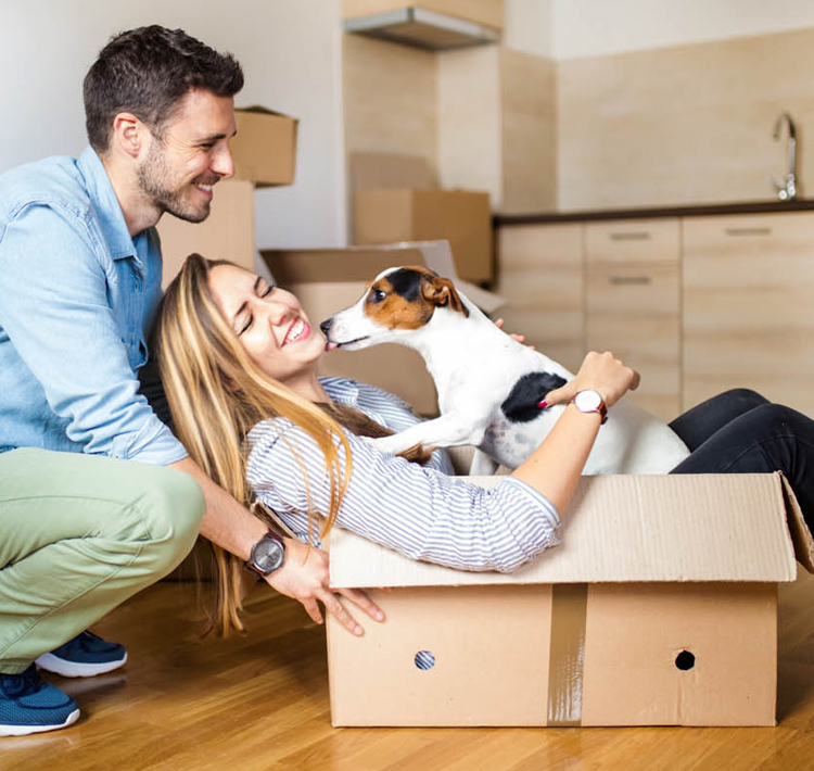 Couple and dog in box moving into new home.
